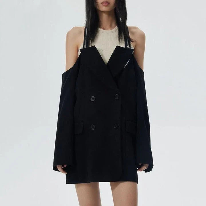 Stylish halter neck double-breasted black blazer for Kiwi women, featuring a unique design and premium materials