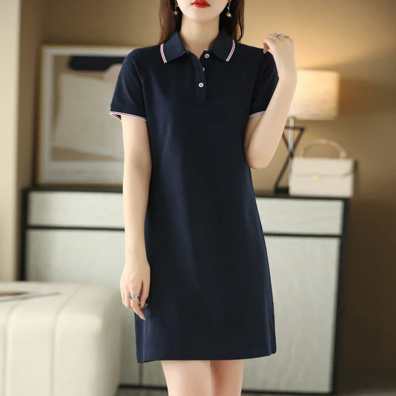 Stylish Kiwi Chic Mid-Length Polo Collar Dress in White, Black, Pink, and Navy Blue colors