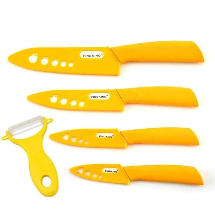 Set of premium ceramic knives with vibrant, colourful handles for a modern Kiwi kitchen