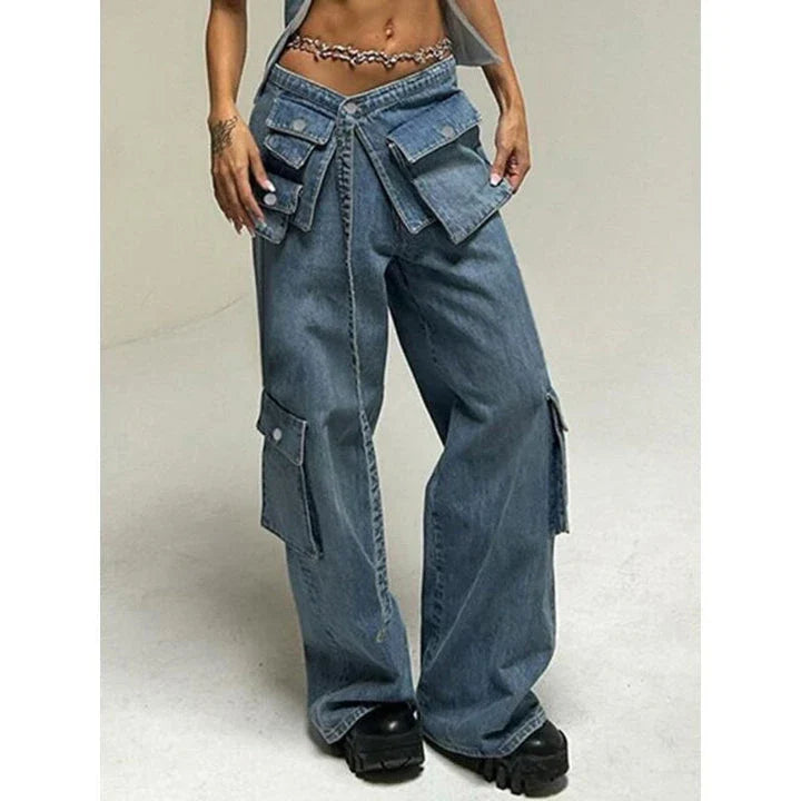 High-Waisted Baggy Jeans with Stylish Cargo Pockets - Premium Cotton Blend Denim with Flattering Fit and Trendy Details