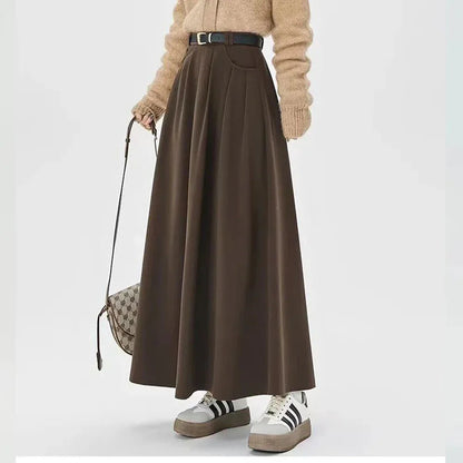 Elegant High-Waisted Pleated Maxi Skirt for Kiwi Women in Brown