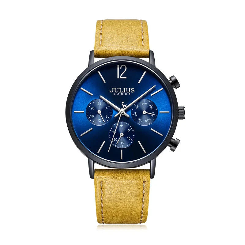 Stylish Multi-Function Quartz Waterproof Watch with a sleek design, durable mineral-reinforced glass, and comfortable leather strap