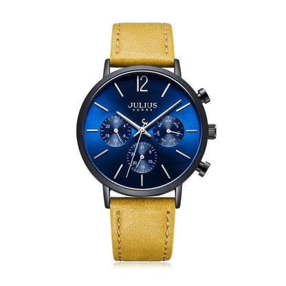 Stylish Multi-Function Quartz Waterproof Watch with a sleek design, durable mineral-reinforced glass, and comfortable leather strap