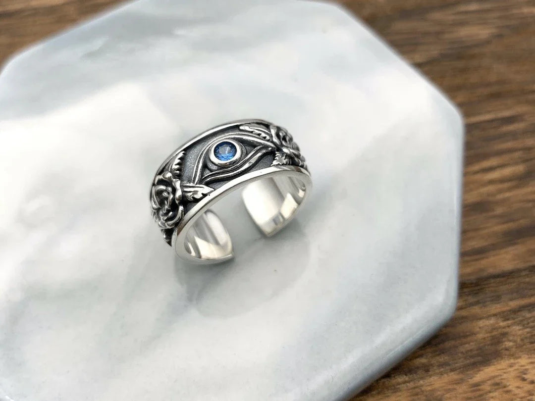 A premium silver ring featuring a striking Horus eye motif, designed for the Kiwi bloke who wants to add a touch of ancient Egyptian flair to their style.