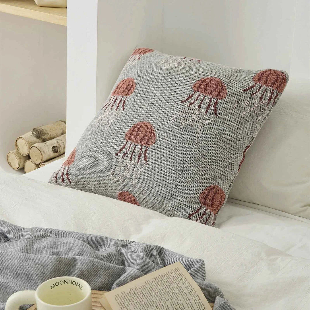 Elegant jellyfish-patterned knit cotton cushion cover in gray and green colours