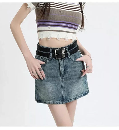 A stylish high-waisted denim mini skirt with a fashionable belt, perfect for Kiwi fashion enthusiasts