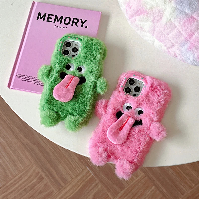 A cute plush monster phone case with a soft, huggable design and shock-absorbent protection for your iPhone