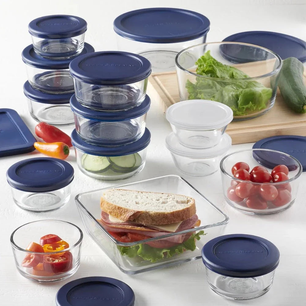 30-piece glass food storage containers with navy blue lids, perfect for meal prep, leftovers, and kitchen organization