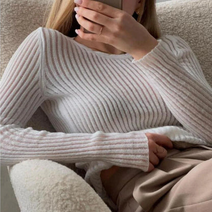 Stylish striped long sleeve see-through top for women in a flattering slim fit with a unique hollow-out decoration