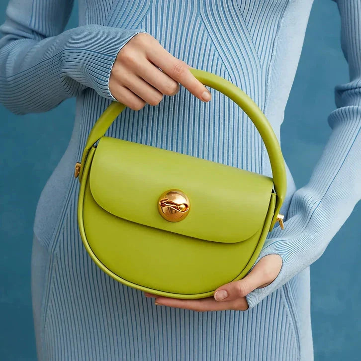 Luxury Fashion Round Handbag in Green with Crescent Shape and Ball-Inlaid Hardware