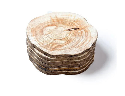 Set of 6 natural wood coasters made from sustainable New Zealand pine, featuring unique wood grain patterns and rustic charm.