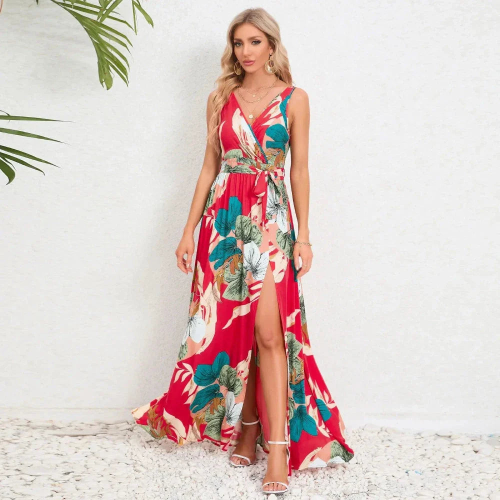 Elegant Kiwi-Inspired Paisley Maxi Dress for Summer - Charming V-Neck, Flowy A-Line Silhouette, and Breathable Cotton-Polyester Blend