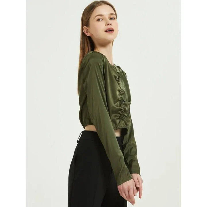 Elegant green silk chiffon long sleeve blouse, designed in New Zealand for the modern Kiwi woman