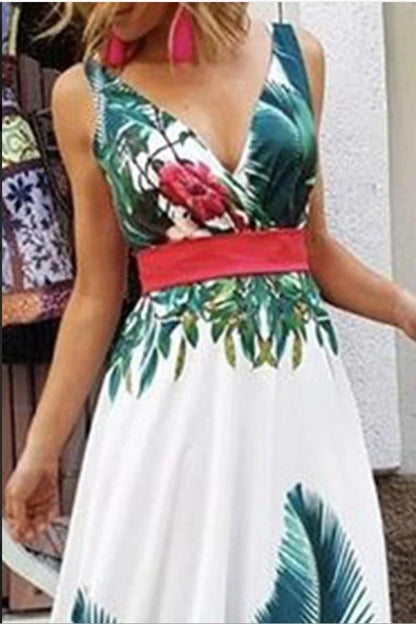 Sleeveless printed long dress in a vibrant, sophisticated design for versatile wear in New Zealand