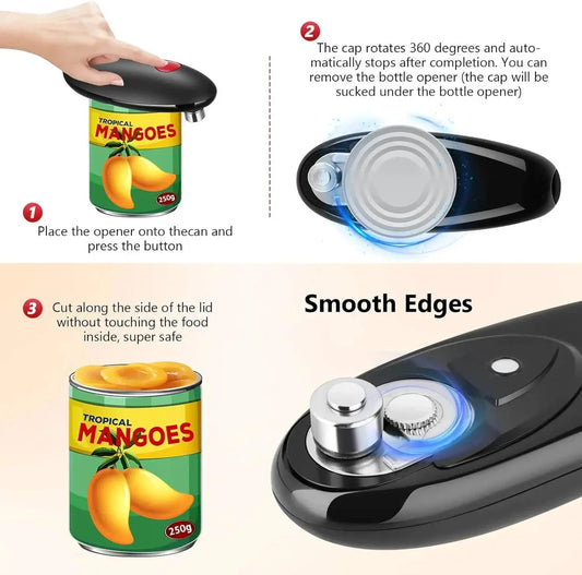 Compact Automatic Can Opener with One-Button Operation, Smooth Cutting Mechanism, and Versatile Multi-Function Design