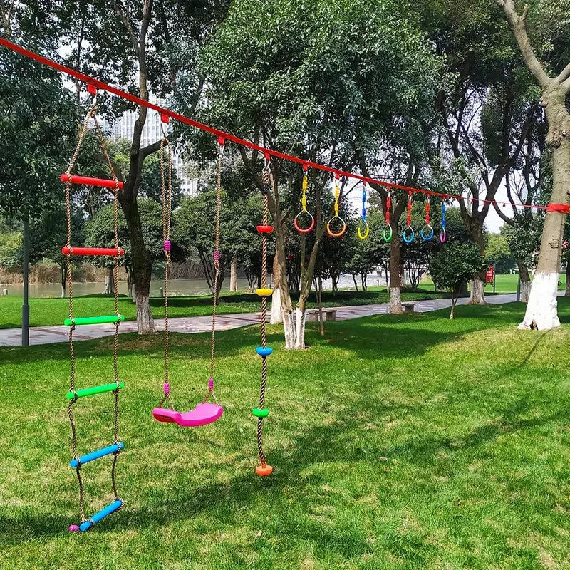 Adjustable Gymnastic Ring Swing for outdoor play and fitness, featuring vibrant colours and a durable, weatherproof design.