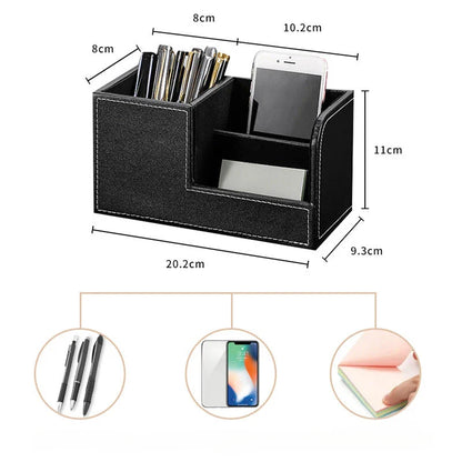 Stylish leather pen organiser in black and brown colours, designed for modern Kiwi workspaces