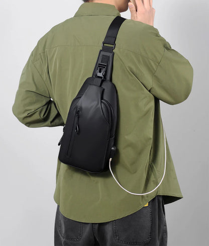 Eco-friendly sling backpack in blue, black, and grey colours with adjustable strap for hands-free wear