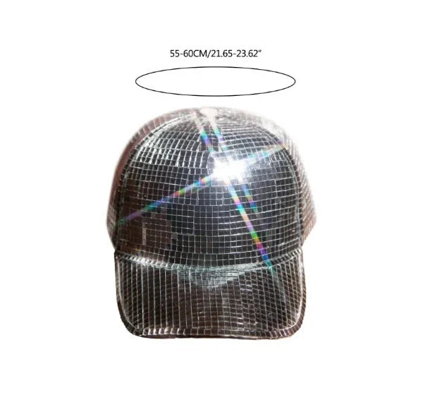 Silver mirror peaked cap with a stylish and reflective design, perfect for summer parties and events