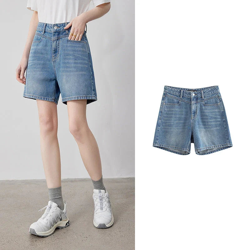 Stylish and high-waisted denim shorts for Kiwi women, featuring a straight-leg design and premium cotton construction for comfort and durability.