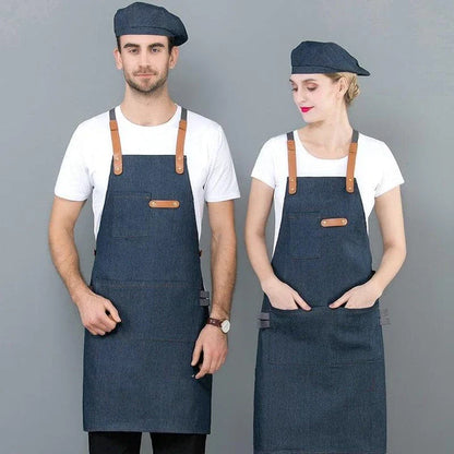 Long denim apron with matching chef's hat, perfect for Kiwi cooks of all levels