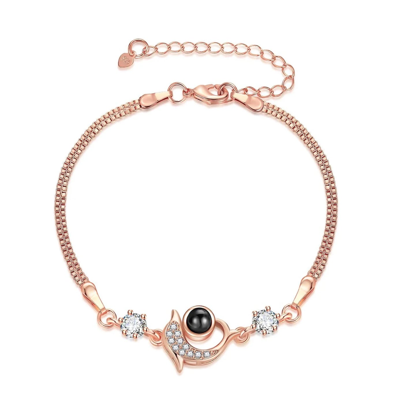 A pair of vibrant projection couple bracelets in rose gold and platinum colors