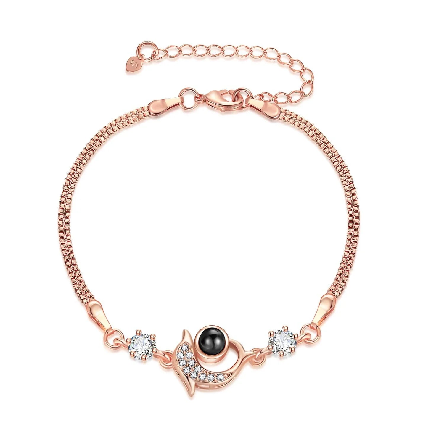 A pair of vibrant projection couple bracelets in rose gold and platinum colors