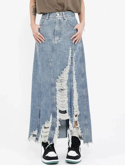 High-waisted denim skirt with unique pattern of holes and irregular burrs, made from premium cotton-polyester blend