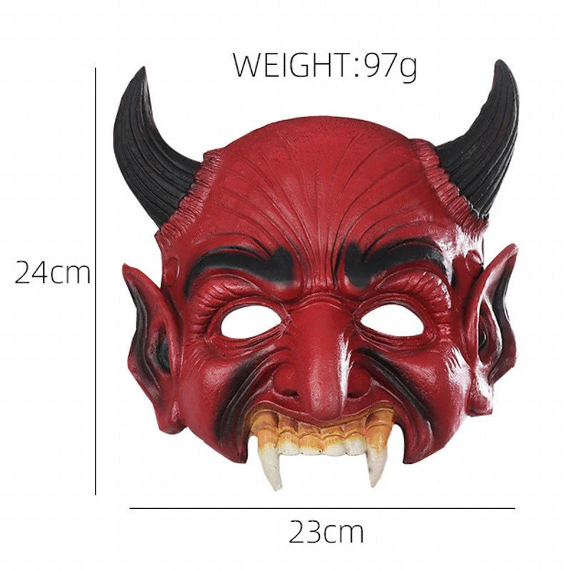 A terrifying Halloween mask with twisted horns and jagged fangs, crafted from premium acrylic materials