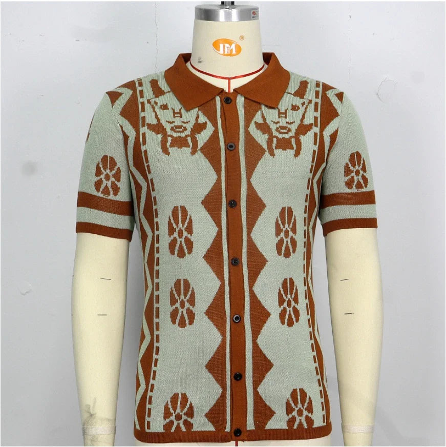 Stylish men's knitted polo shirt in brown with lapel collar, made with premium polyester fiber for comfort and durability