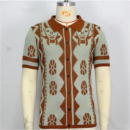 Stylish men's knitted polo shirt in brown with lapel collar, made with premium polyester fiber for comfort and durability