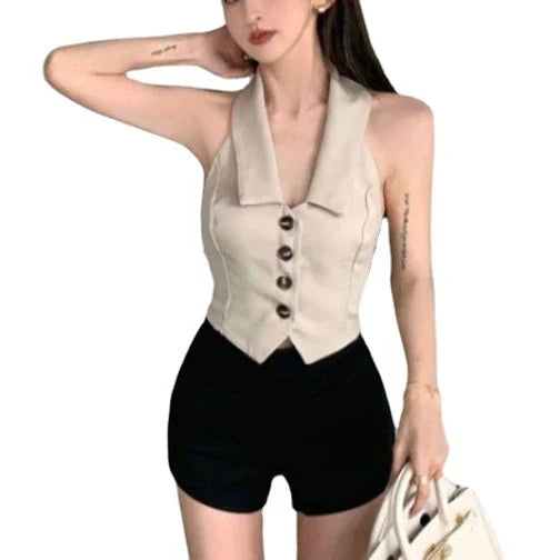 Premium polyester knitted vest with asymmetric design and polo collar, perfect for Kiwi women's fashion