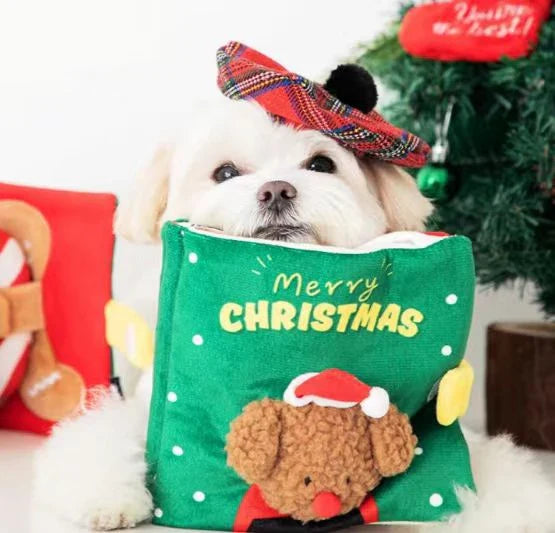 A festive red plush dog toy with a hide-and-seek design, perfect for Kiwi pups to play and discover treats