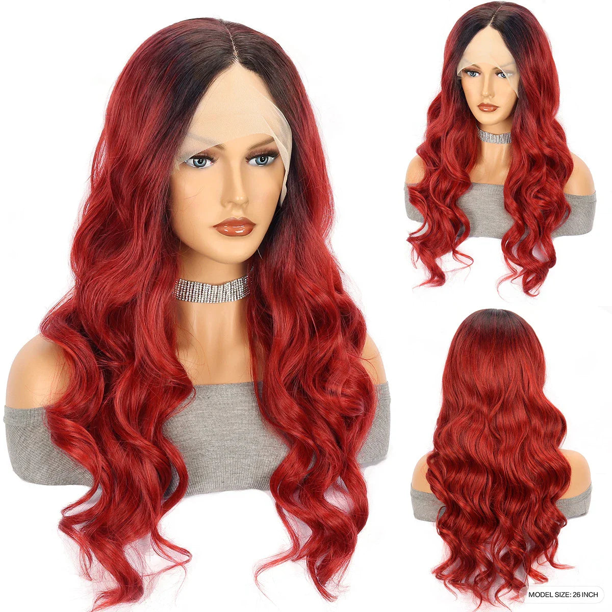 Crimson Wave Long Curly Hair Head Cover - A luxurious silk accessory with long, flowing curls and stylish oblique bangs that elevates any outfit.