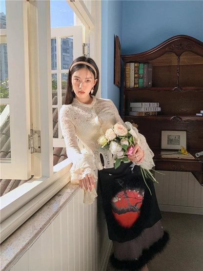 Lace patchwork shirt with ruffled sleeves in a beige color, perfect for casual and formal occasions