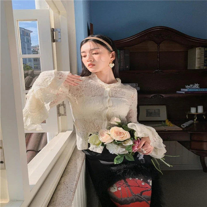 Lace patchwork shirt with ruffled sleeves in a beige color, perfect for casual and formal occasions