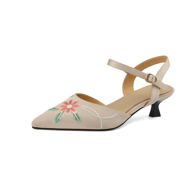 Embroidered pointed toe summer sandals with spike heel and adjustable buckle strap, perfect for Kiwi fashion