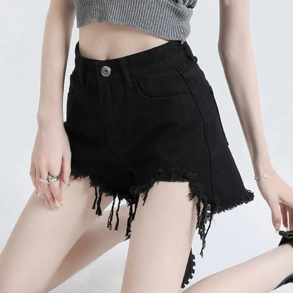 High-waisted black denim shorts with stylish button detailing, designed for the contemporary Kiwi woman