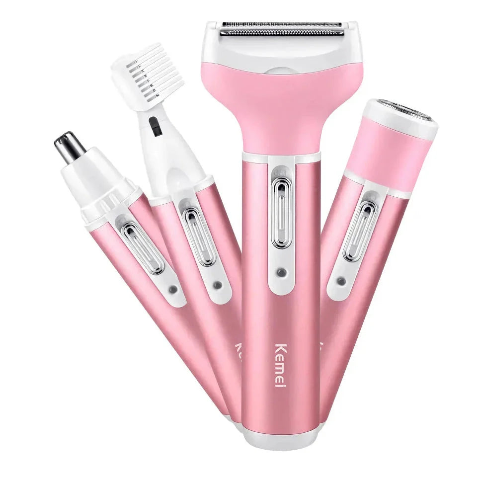4-in-1 Electric Lady Shaver with four interchangeable heads for versatile hair removal on face, body, and bikini area