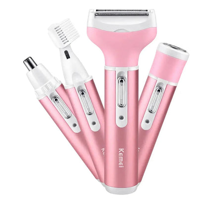 4-in-1 Electric Lady Shaver with four interchangeable heads for versatile hair removal on face, body, and bikini area