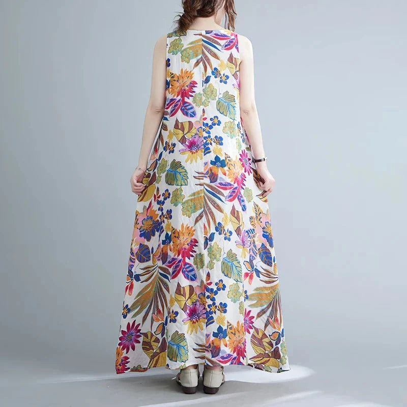 Elegant floral print cotton linen long dress with a classic O-neck and flattering A-line silhouette, perfect for Kiwi women's warm-weather style