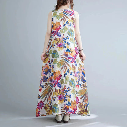 Elegant floral print cotton linen long dress with a classic O-neck and flattering A-line silhouette, perfect for Kiwi women's warm-weather style