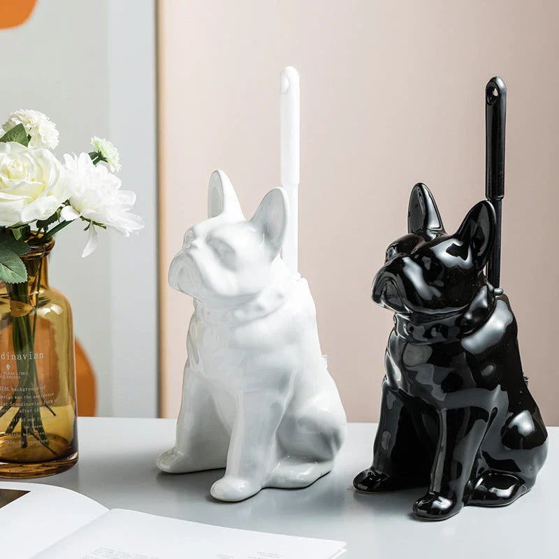 A creative dog-shaped toilet brush with a ceramic base, designed to clean and decorate Kiwi bathrooms