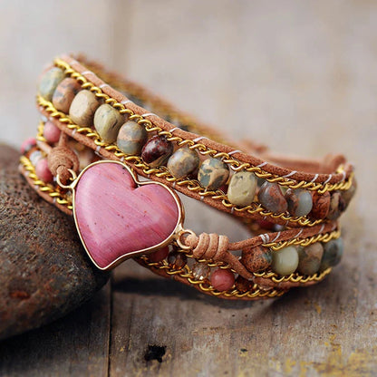 Handcrafted stone and leather bracelet with intricate woven design, made in New Zealand