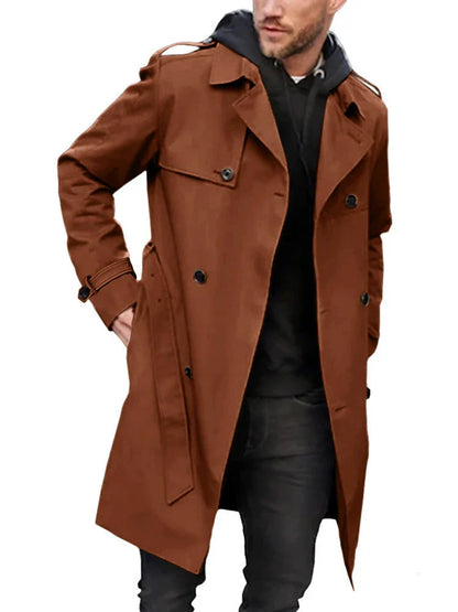 A stylish long sleeve trench coat in a slim, tailored fit with a double-breasted closure and practical side pockets