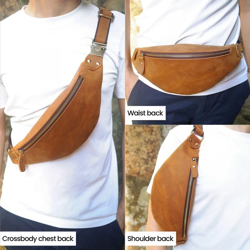 Durable vintage-inspired cowhide crossbody bag with single adjustable shoulder strap, roomy interior, and secure zipper closure