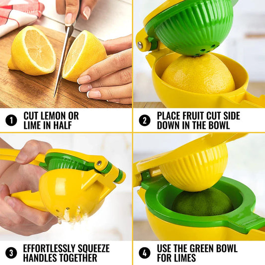 A high-quality manual citrus fruit juicer made of stainless steel and aluminium, designed for easy and efficient extraction of fresh juice from lemons, limes, oranges, and other citrus fruits.