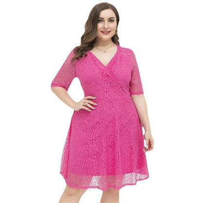 Stylish relaxed-fit v-neck lace dress in rose red color, featuring a flattering A-line silhouette and premium polyester fabric