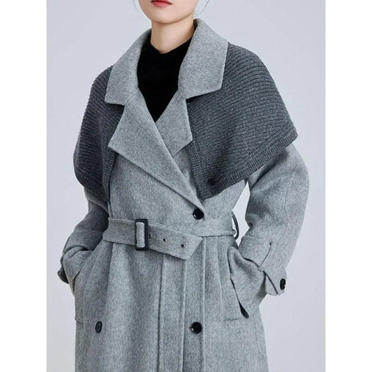 Stylish patchwork woollen blazer with large lapel and belt for a flattering silhouette