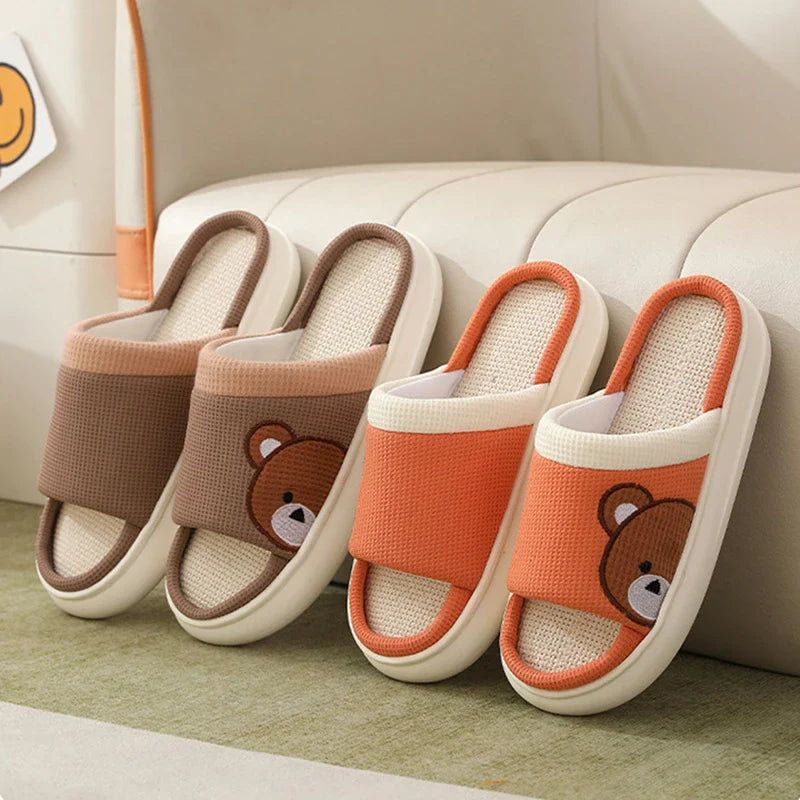 Cozy cartoon bear linen slippers with non-slip soles, perfect for indoor Kiwi comfort